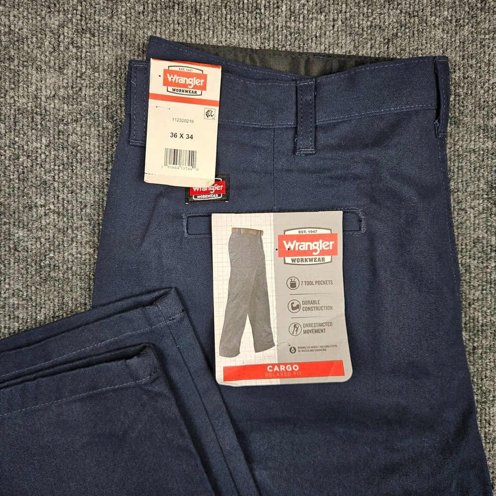 Wrangler Cargo Pants Men's 36x34 Workwear Navy Blue Relaxed Straight Fit NEW